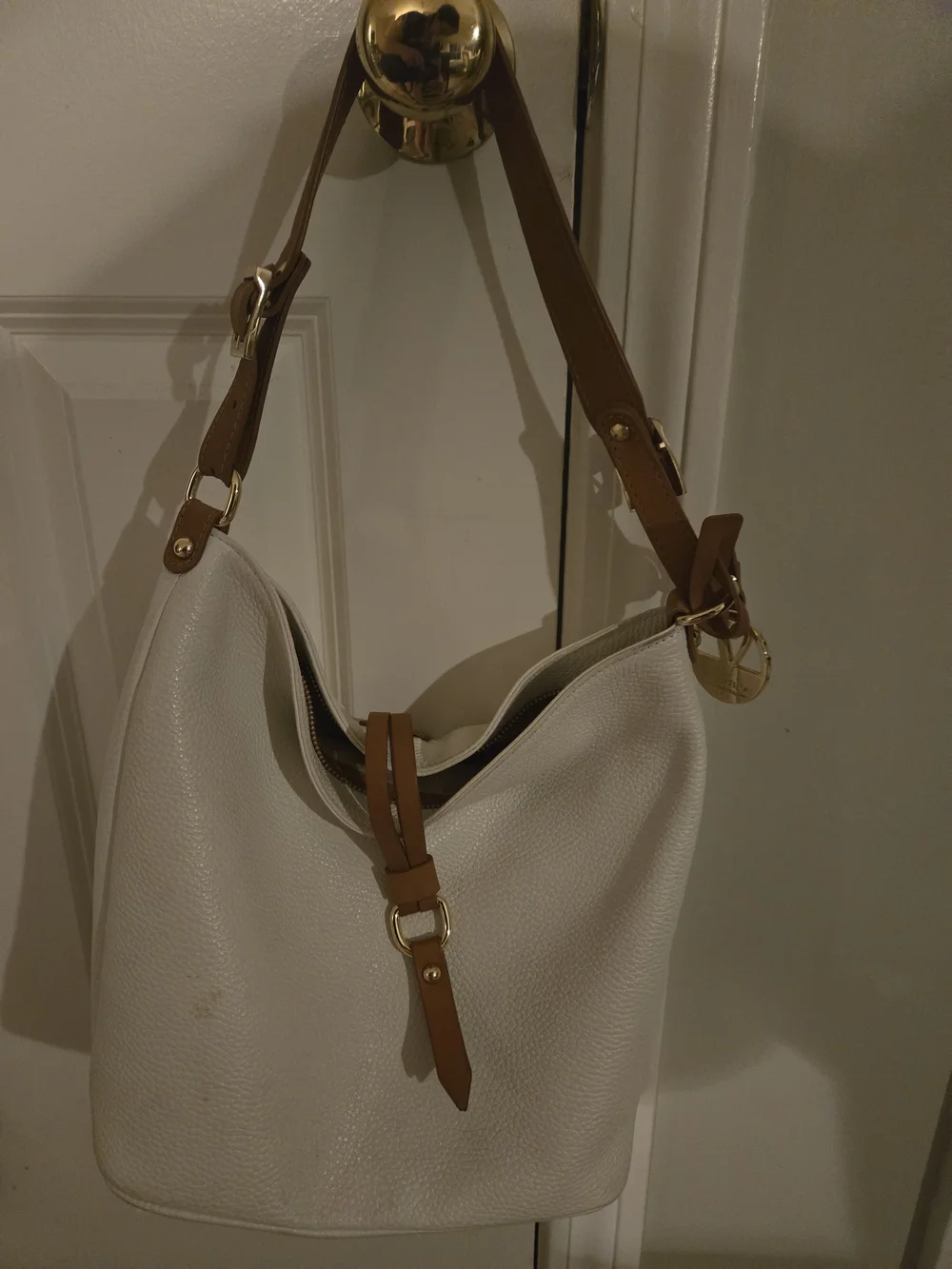 White & Tan Leather Hobo Shoulder Bag